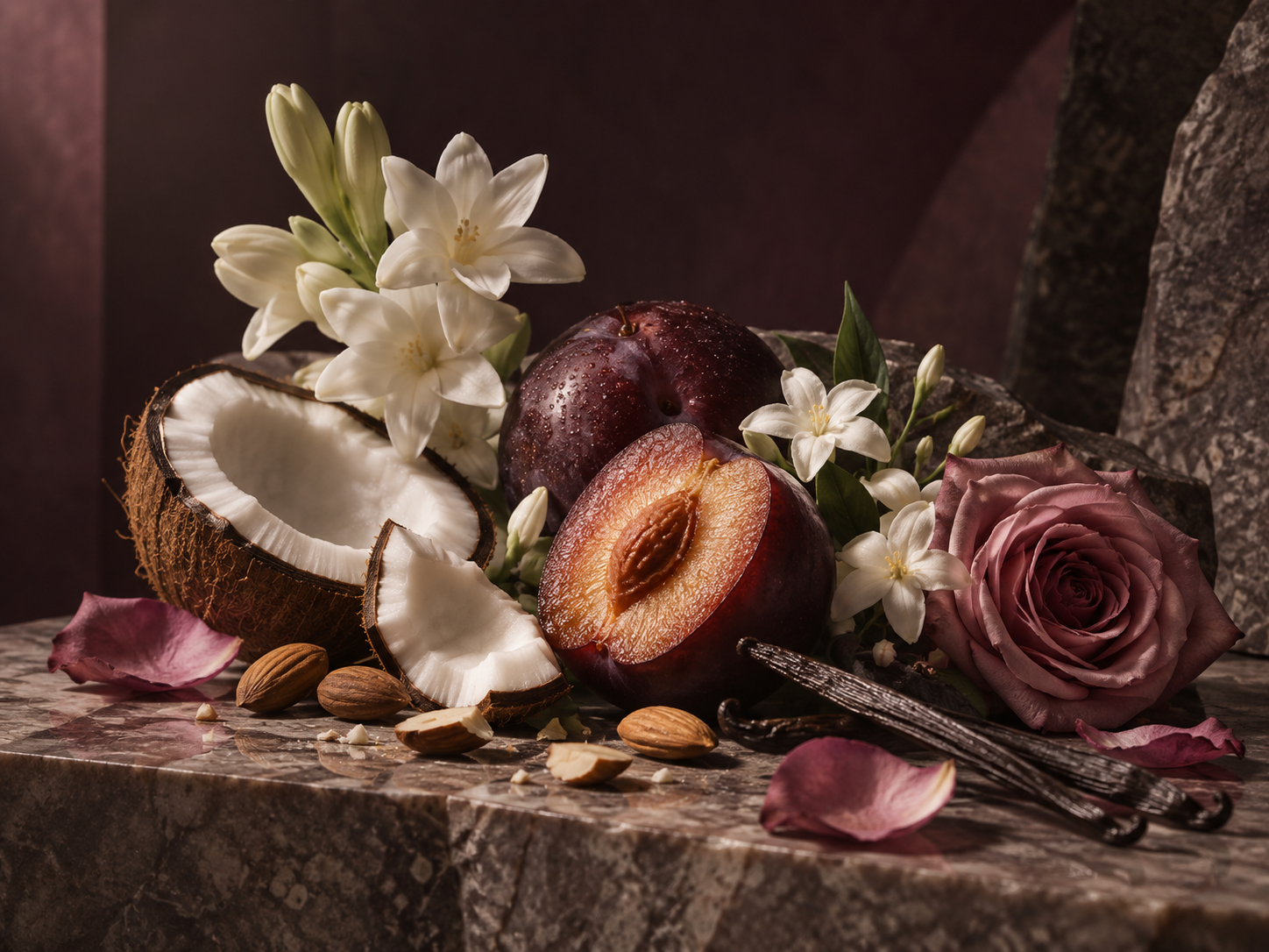 Slivka, kokos, biele kvety, mandle a vanilka vo vôni Velvet Plum
