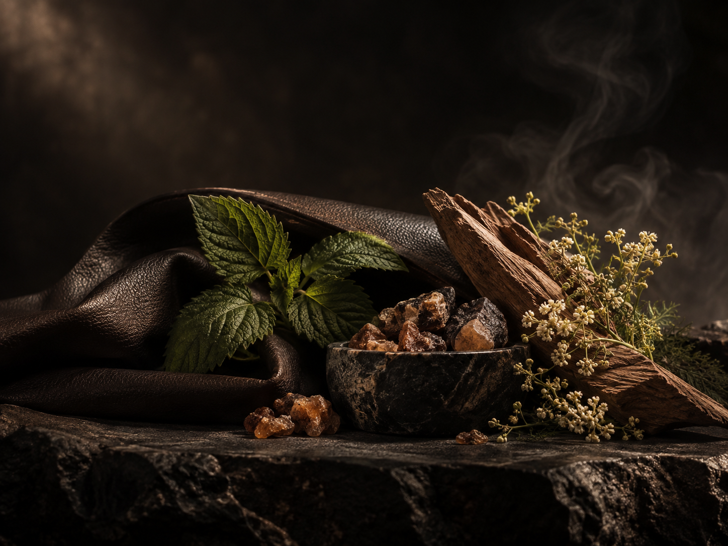 Tmavá koža, pačuli, myrha, céder a davana vo vôni Leather Ember